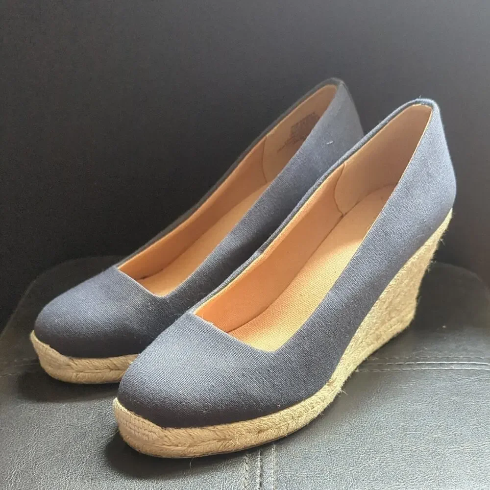 J Crew Classic Navy Blue Seville Slip On Preppy Summer Espadrille Wedges